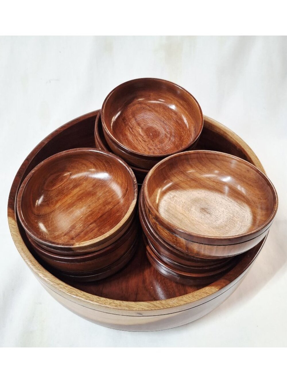Vintage Wooden Salad Bowl Set With 11 Small Bowls Rich Natural Grain Handcrafted